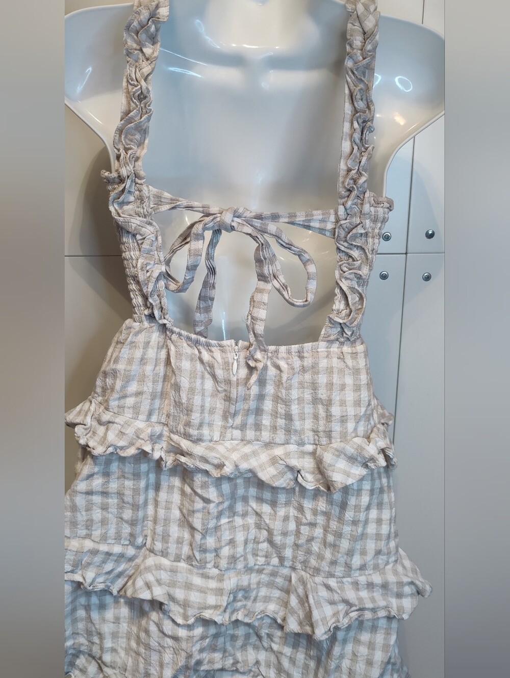 MABLE Gingham Smocked Tiered Ruffle Tie Back Mini Dress M - Picture 4 of 7
